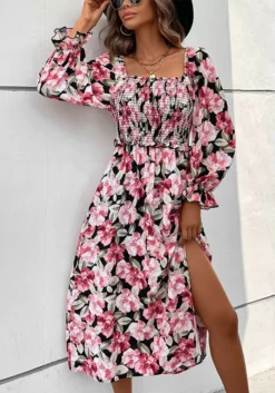 Autumn French Women's Low Back Long Sleeve Square Neck Foral Printed Slit Dress -Women Fashion Shop 4ca14f13e12c1a6c