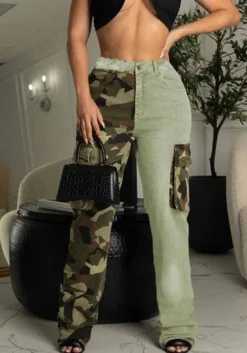 Women Camouflage Print Contrast Style Patch Pocket Denim Straight Leg Pants -Women Fashion Shop 4cea35ad777a66f1