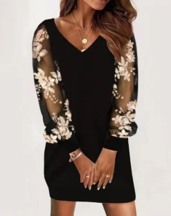 Women V-neck Long Sleeve Printed Lace Patchwork Dress -Women Fashion Shop 4d14918a5cc37b04