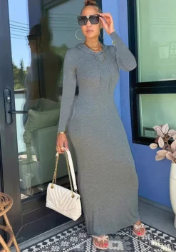 Women 's Solid Color Long Sleeve Hooded Slim Fit Dress -Women Fashion Shop 4dc43101827a66ed