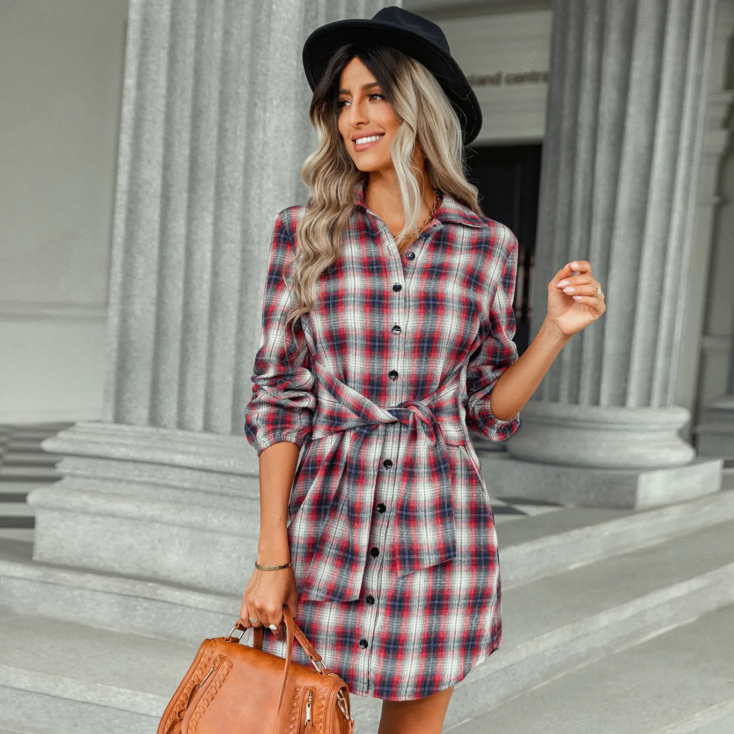Women Fashion Plaid Lace-Up Shirt Dress 12 Women Fashion Plaid Lace-Up Shirt Dress - Image 10