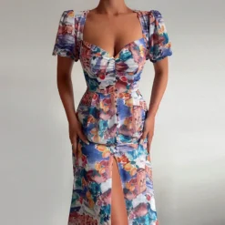 Women's Chic Career Floral Square Neck Sexy Slit Dress -Women Fashion Shop 4e44fbf829f53ebd