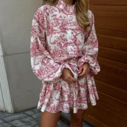 Women's Early Autumn Retro Print Puff Sleeve Slim Waist Belt Short Dress -Women Fashion Shop 4f1688d58fc0bc41