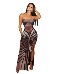 Women's Spring Casual Slit Printed Strapless Sleeveless Slim Dress -Women Fashion Shop 4f35255424028974