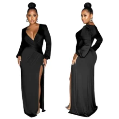 Autumn Long Sleeve V-Neck Solid Color Sexy Slit Long Dress -Women Fashion Shop 4f442c4e2aa59d24