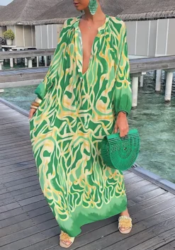 Women V-neck Printed Long-sleeved Dress