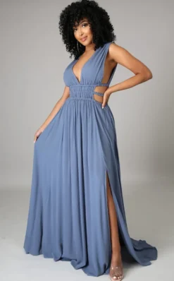 Summer Women Blue Sleeveless Deep-V Cut Out Side Slit Long Maxi Dress -Women Fashion Shop 523220629261df2c