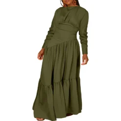 Women's Solid Color Long-Sleeved Pleated Loose Dress -Women Fashion Shop 528b027c3bc4fccd