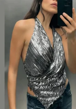 Women Style Sleeveless French Sexy Backless Halter Neck Sequins Top -Women Fashion Shop 530b5bb66a47a361