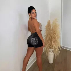 Mid-Rise Buttoned Fashion Sequined Denim Shorts -Women Fashion Shop 531ccbf28f7799a1