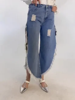 Women's Fashion Autumn Trendy High Waist Slim Fit Denim Tassel Ripped Wide Leg Pants -Women Fashion Shop 5410b62c065488e0