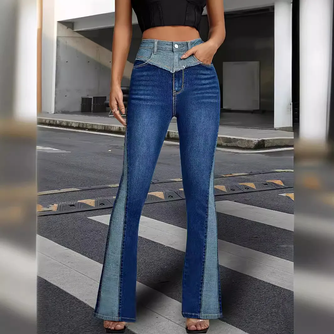 Women Patchwork Contrast Color Bell Bottom Denim Pant 6 Women Patchwork Contrast Color Bell Bottom Denim Pant - Image 4