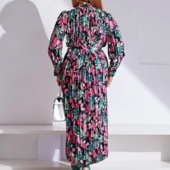 Plus Size Women'S Fall Winter Long Sleeve Printed Pleated Belt Maxi Dress -Women Fashion Shop 5487ee3c16b54f5a