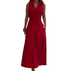 Women Autumn Solid Turndown Collar Pleated Sleeveless Dress -Women Fashion Shop 54cddf81c0b94bbc