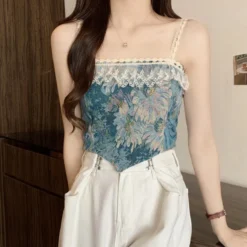 French Oil Painting Lace Camisole Women's Summer Short Top Outdoor Wear -Women Fashion Shop 55124a3a6968791d