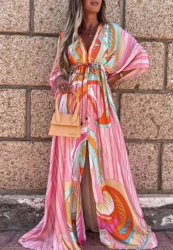 Autumn Print V-Neck Bat Sleeves Drawstrings Long Maxi Dress -Women Fashion Shop 55257b1d4f9c5123