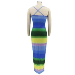 Women Clothes Rainbow Stripe Print Slit Slim Waist Strap Long Dress -Women Fashion Shop 55280867db23f46e