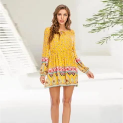 Women Boho Print Long Sleeve Dress