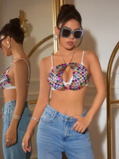 Women Sexy Style Gem Patchwork Halter Neck Camisole -Women Fashion Shop 5591902edf831813