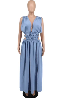 Summer Women Blue Sleeveless Deep-V Cut Out Side Slit Long Maxi Dress -Women Fashion Shop 56af11c0df0bb2fb