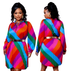 Women Long Sleeve Pleated Rainbow Print Dresses -Women Fashion Shop 56d5702ad02173a6