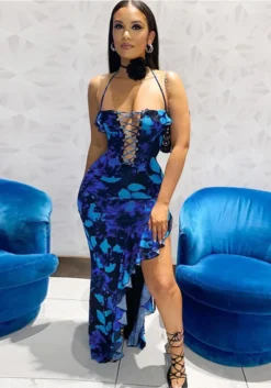 Women's Autumn Fashion Sexy Hollow Low Back Tie Slit Printed Dress -Women Fashion Shop 573d1a0bc4079129