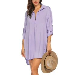 Spring And Summer Women'S Deep V-Neck Chiffon Shirt Sunscreen Shirt Dress -Women Fashion Shop 5749d74104180be9