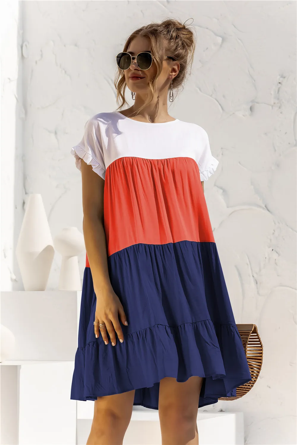 Women Summer Colorblock Loose Short Sleeve Dress 5 Women Summer Colorblock Loose Short Sleeve Dress - Image 3