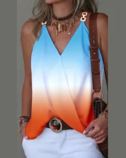 Women Summer Simple V-Neck Metal Buckle Printed Vest Top -Women Fashion Shop 57ec7f4fc1e62cb1