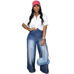 Women Casual Lace Wide Leg Denim Pants With Belt -Women Fashion Shop 58fe4652783d7e12