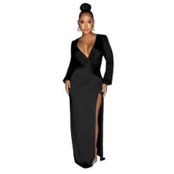 Autumn Long Sleeve V-Neck Solid Color Sexy Slit Long Dress -Women Fashion Shop 59868d2ecb291e32