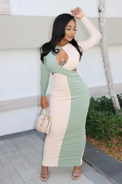 Women Sexy Colorblock Cutout Long Sleeve Long Dress -Women Fashion Shop 59ce9f2d3e05a803