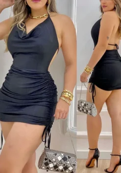 Women's Black Halter Backless Pleated Mini Dress -Women Fashion Shop 5a3832431d65c567