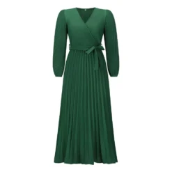 Women Autumn V-Neck Long Sleeve Pleated Maxi Dress -Women Fashion Shop 5a44bf7140c39b50