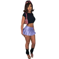 Women's Solid Color Pu Leather Mini Pleated Skirt -Women Fashion Shop 5a54a21eff6ad74f