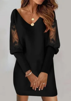 Women V-neck Long Sleeve Printed Lace Patchwork Dress -Women Fashion Shop 5b08bf23a2b0d4e2