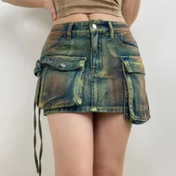 Distressed Multi-Pocket High-Waist Denim Mini Skirt Asymmetrical Leg-Length A-Line Skirt -Women Fashion Shop 5bba58ab6cbb1712