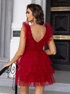 Summer Women Mesh Suspender V-neck Cascading Ruffles Dress -Women Fashion Shop 5bc0685a0937b577