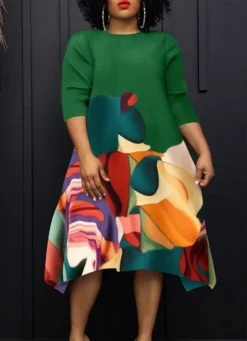 Women Round Neck Casual Contrast Print Dress -Women Fashion Shop 5d65787b4f3056ef