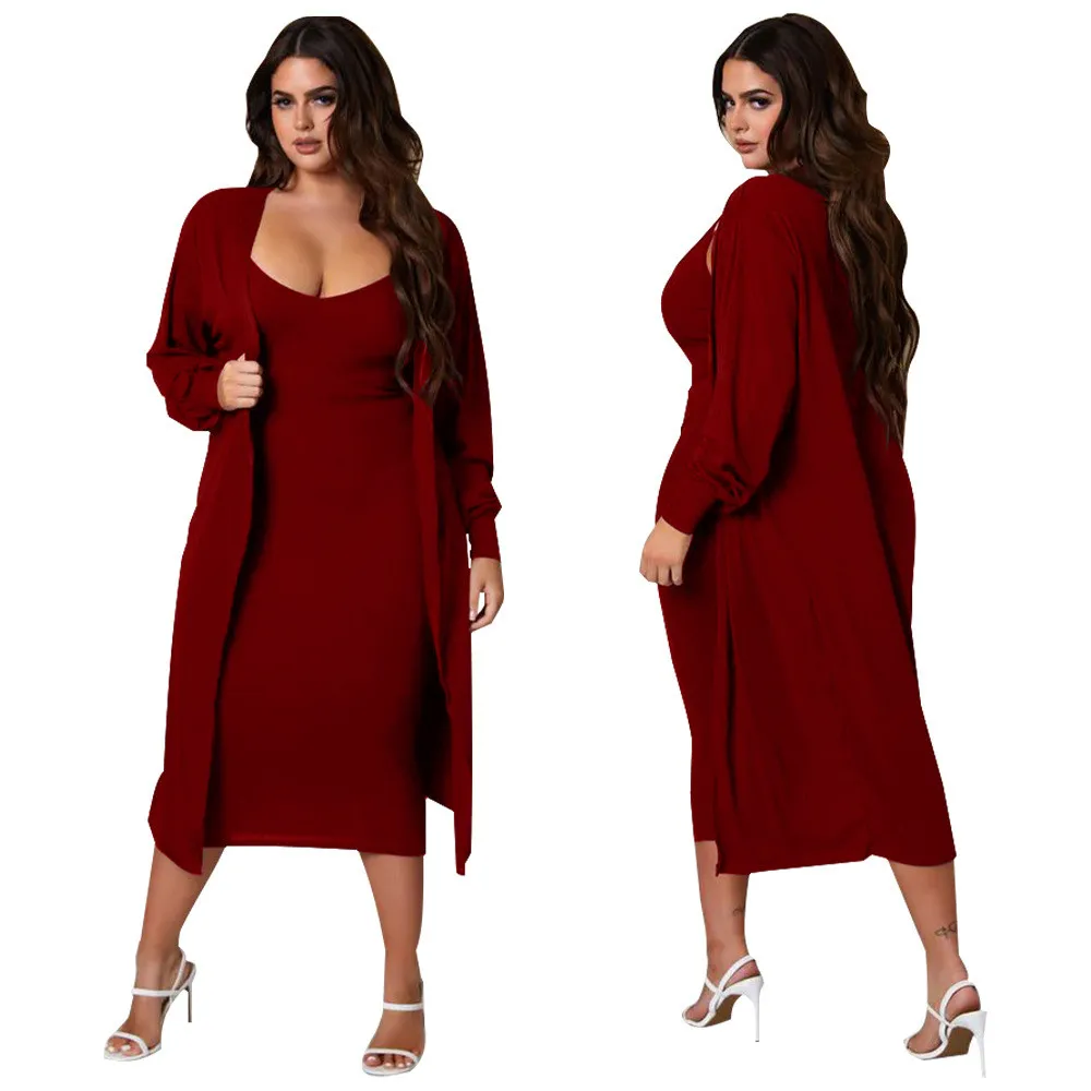 Women's Fall Ribbed V-Neck Long Sleeve Solid Casual Two Piece Dress Suit 5 Women's Fall Ribbed V-Neck Long Sleeve Solid Casual Two Piece Dress Suit - Image 3
