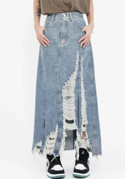 Vintage Denim Skirt Women's Fall Raw Edge Ripped Long Skirt -Women Fashion Shop 5da1d48d0a768d99