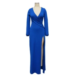 Autumn Long Sleeve V-Neck Solid Color Sexy Slit Long Dress -Women Fashion Shop 5e1d73da88fbfac7