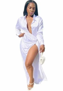 Women'S Summer Sexy Solid Color Turndown Collar Trench Long Sleeve Long Shirt -Women Fashion Shop 5e6641382020d4b3