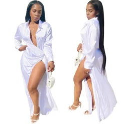 Women'S Summer Sexy Solid Color Turndown Collar Trench Long Sleeve Long Shirt -Women Fashion Shop 5ef0980589ace5f0