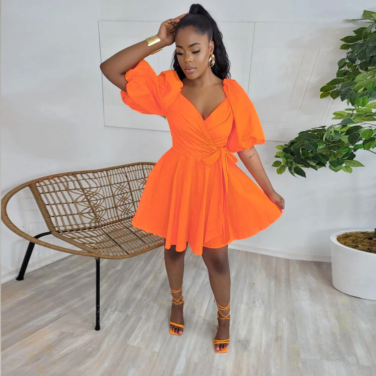 Women Puff Sleeve V-Neck Dress 8 Women Puff Sleeve V-Neck Dress - Image 6