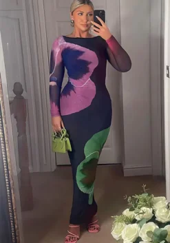 Women Spring Sexy Print Round Neck Bodycon Dress -Women Fashion Shop 60311426ab8bc95d