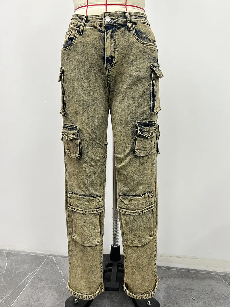 Women Cargo Wash Vintage Denim Pants 5 Women Cargo Wash Vintage Denim Pants - Image 3