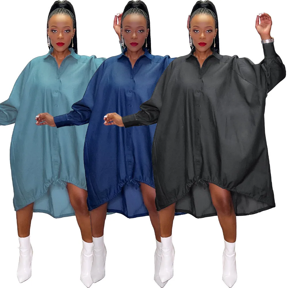 Women Turn Down Long Sleeve Loose Denim Dress 3 Women Turn Down Long Sleeve Loose Denim Dress