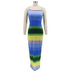 Women Clothes Rainbow Stripe Print Slit Slim Waist Strap Long Dress -Women Fashion Shop 62253ba3d24d5efb
