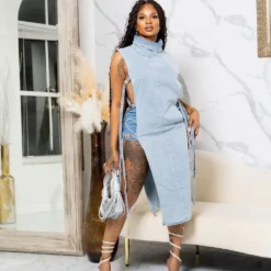 Denim Dress Sexy Hollow Wash High Neck Women -Women Fashion Shop 62b754fe3c176081